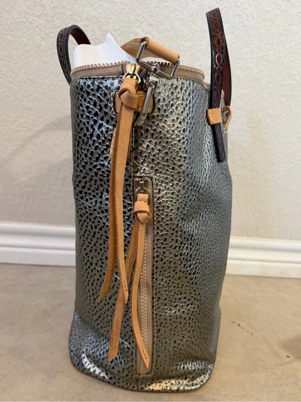 Consuela Silver Metallic Hobo with Tan Strap